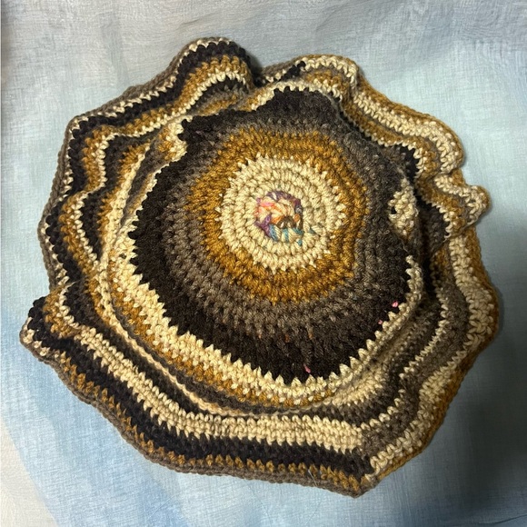 Handmade Crochet Hat – Earth Tone Striped Ruffled Cap – Unique Artisan Creation - Picture 4 of 12